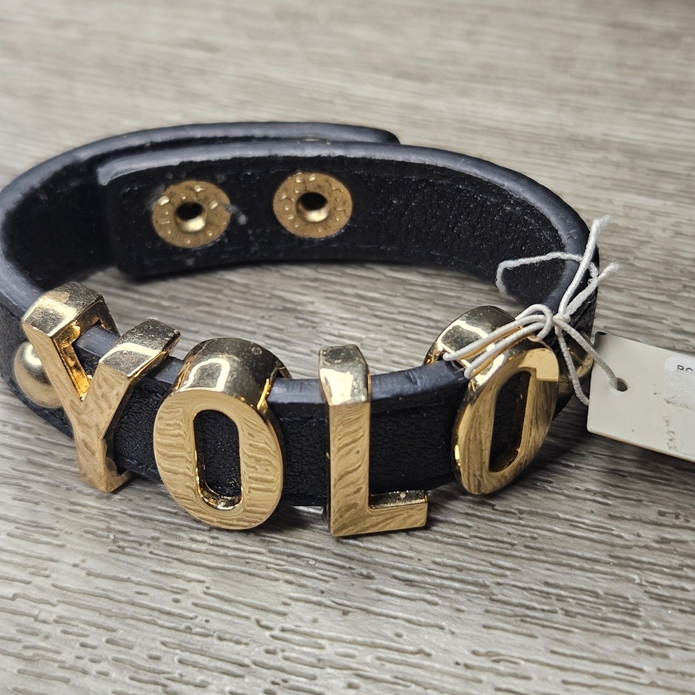 NWT BCBG "YOLO" black Bracelet Faux leather Gold tone Letters BCBGeneration